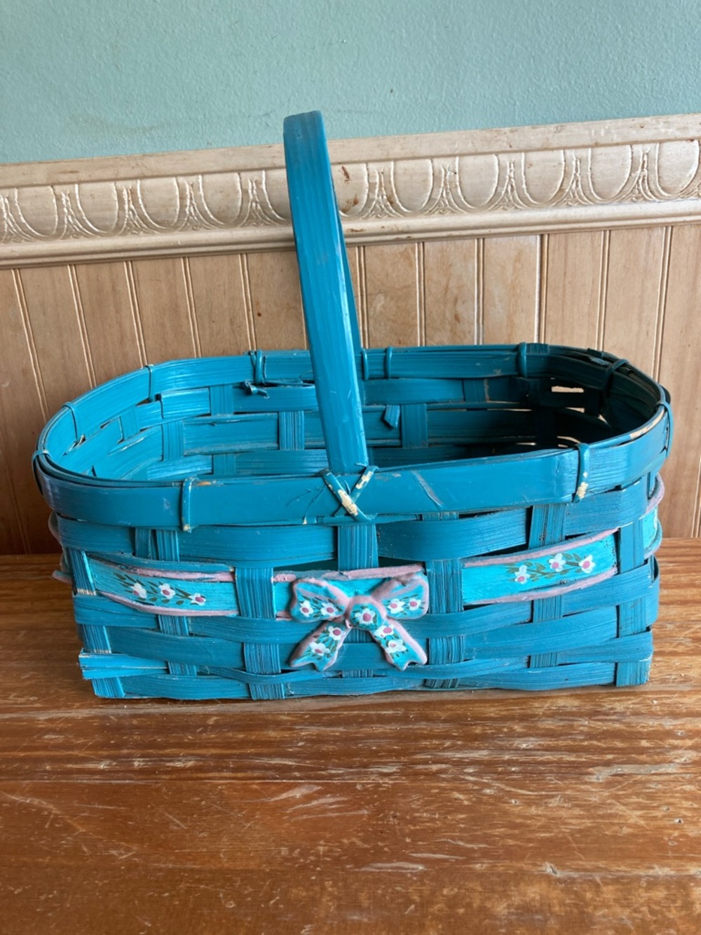 Teal Woven Decorative Basket with Floral Bow